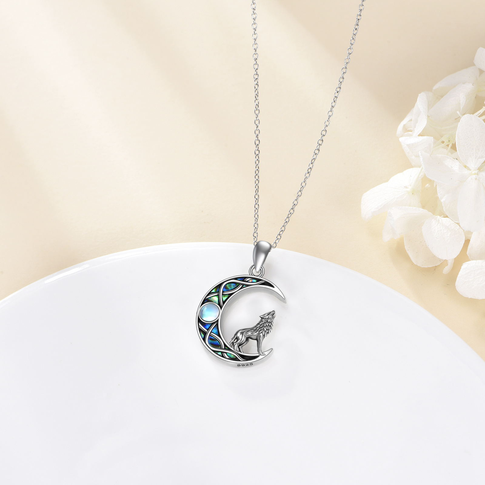 Wolf Necklace Set in 925 Sterling Silver with Synthetic Abalone & Moonstone